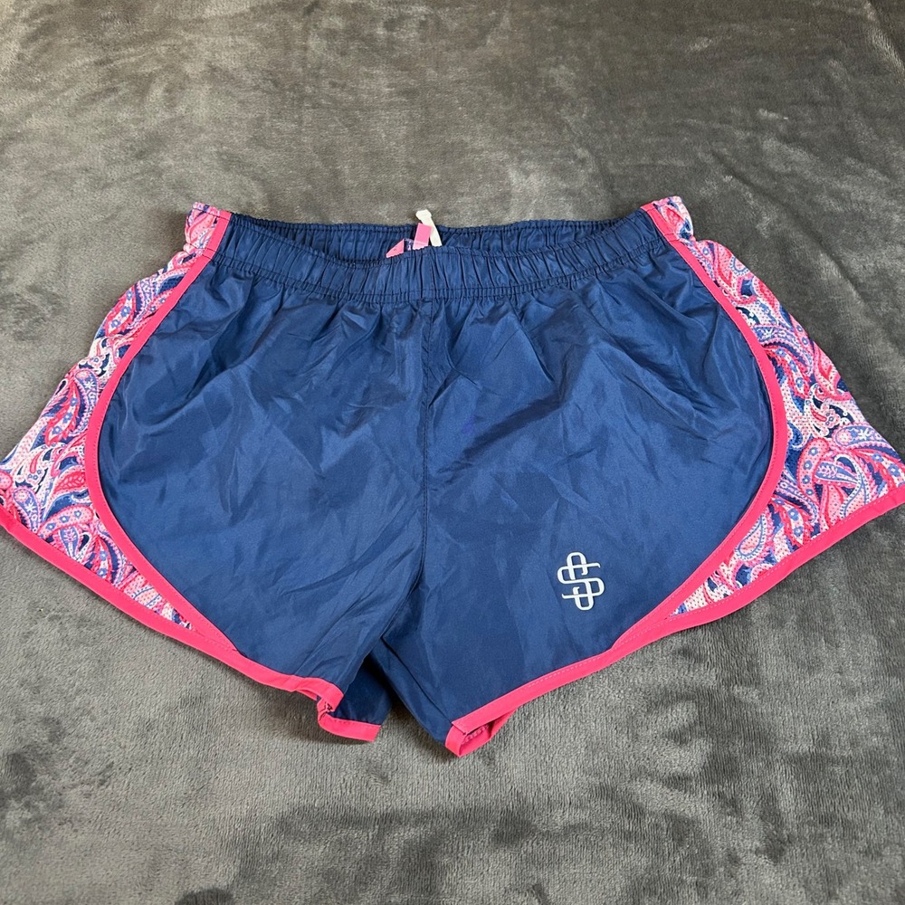 Simply Southern Running Shorts Navy Blue Pink Paisley Trim Womens Medium 29x3"